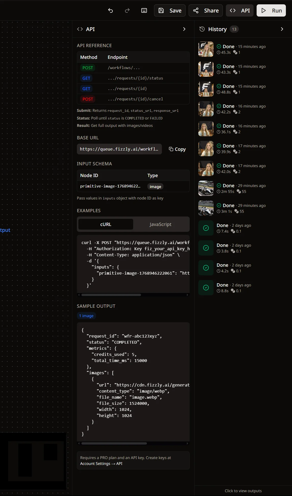The API panel showing endpoints and code examples