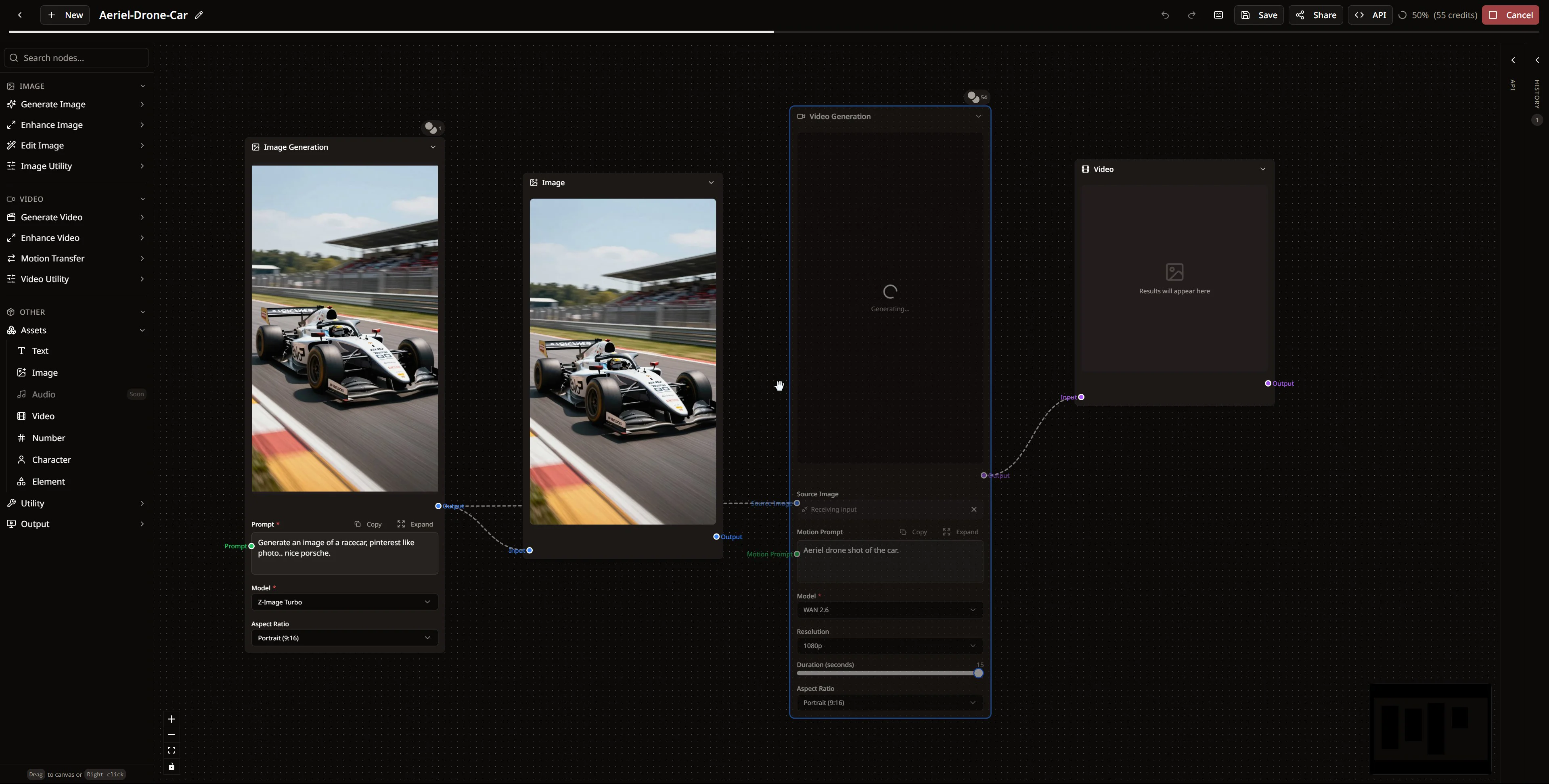 Fizzly Workflows editor showing a node-based canvas with connected AI tools