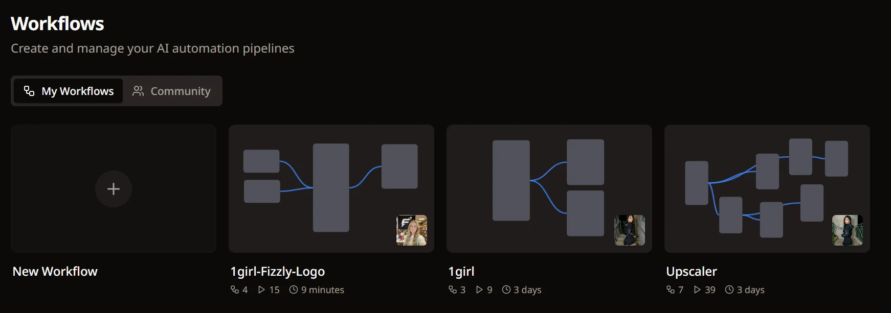 Workflows page showing New Workflow button and existing workflow cards