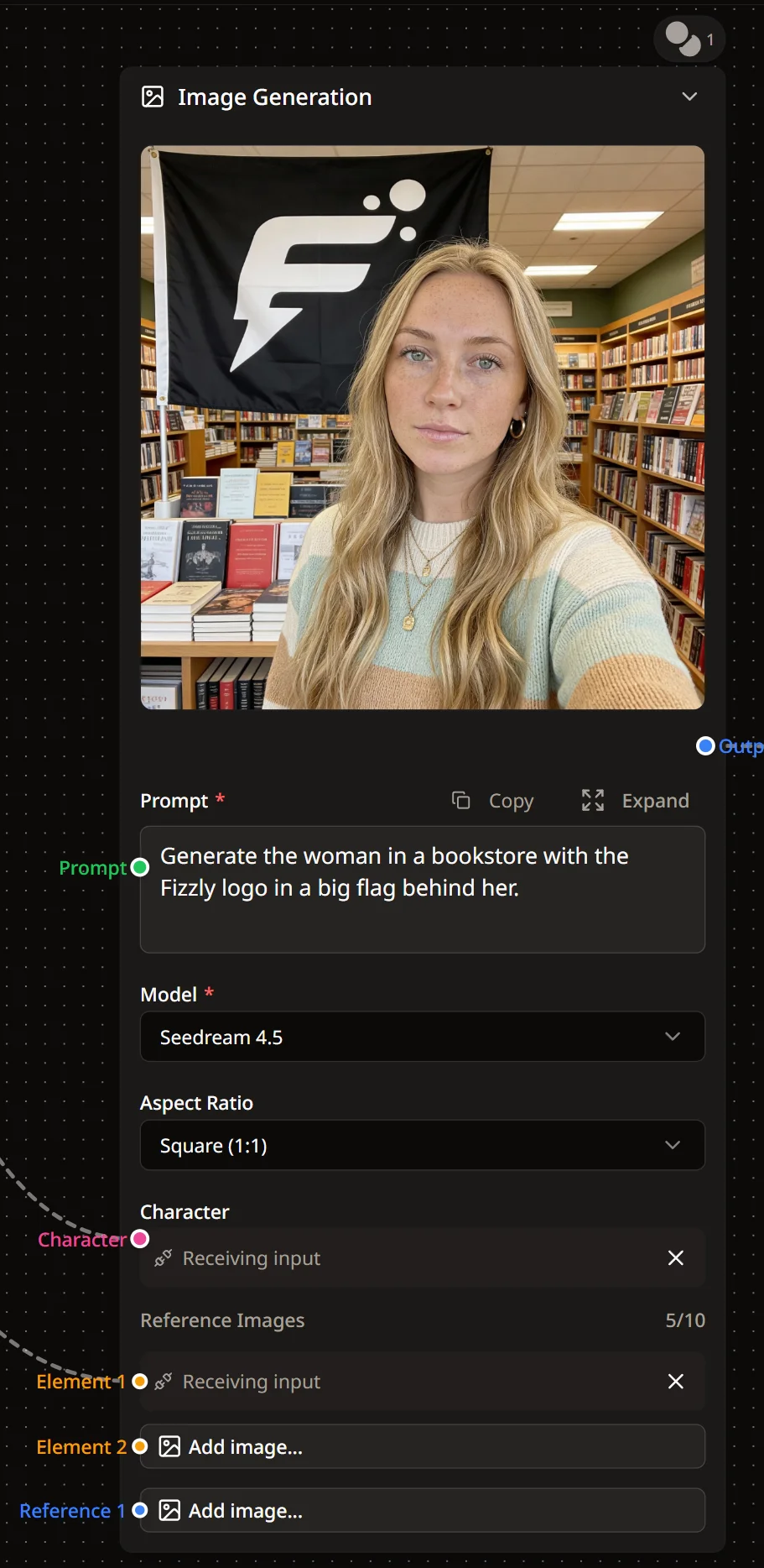Image Generation node with prompt, model selection, and output preview