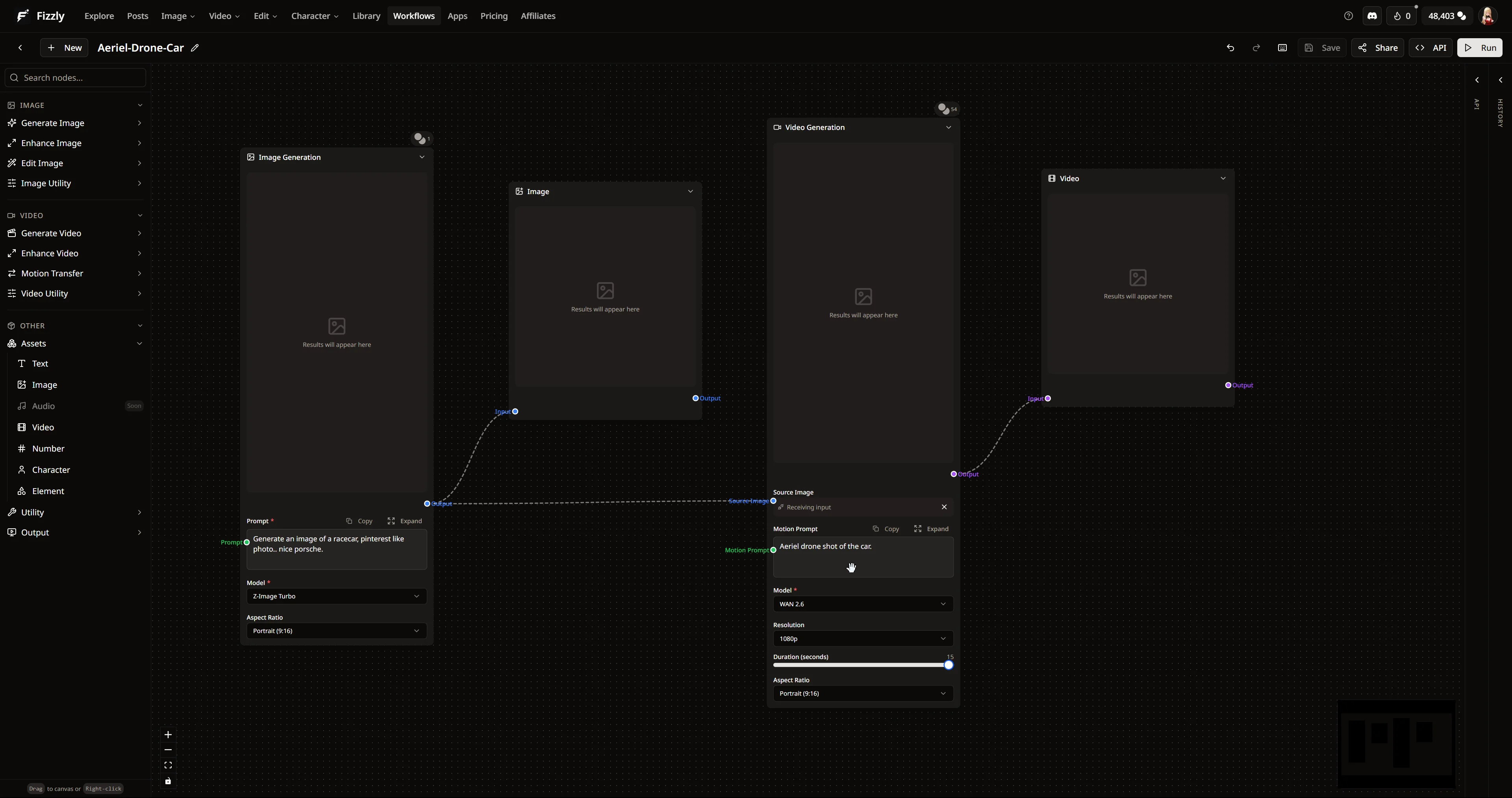 Complete workflow with Image Generation, Image preview, Video Generation, and Video output nodes connected