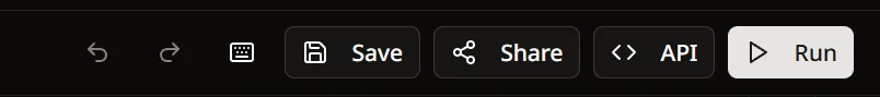 Workflow editor toolbar showing Save, Share, API, and Run buttons